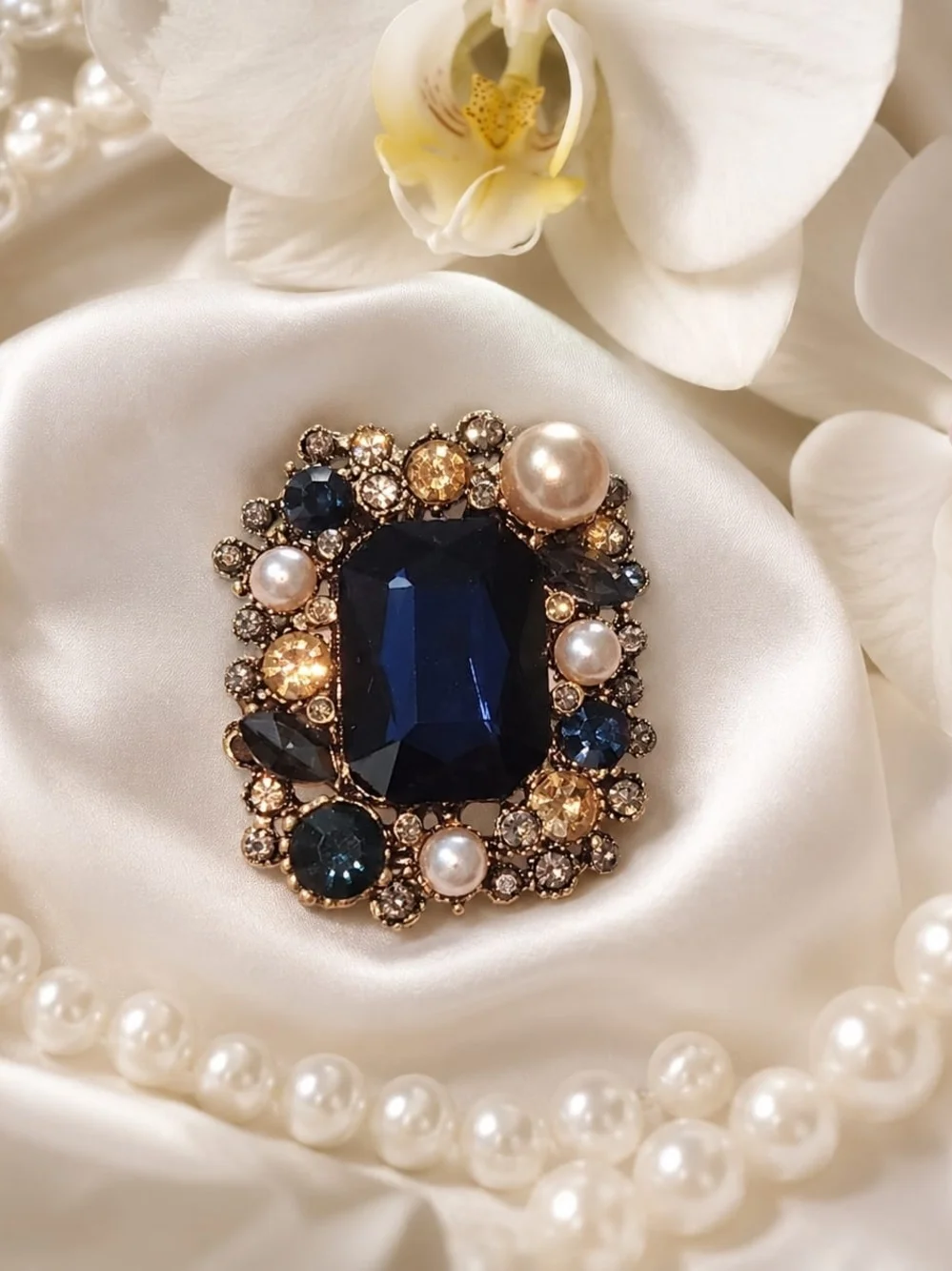 Navy Blue and Champagne Crystal Pearl Brooch - Gold Tone